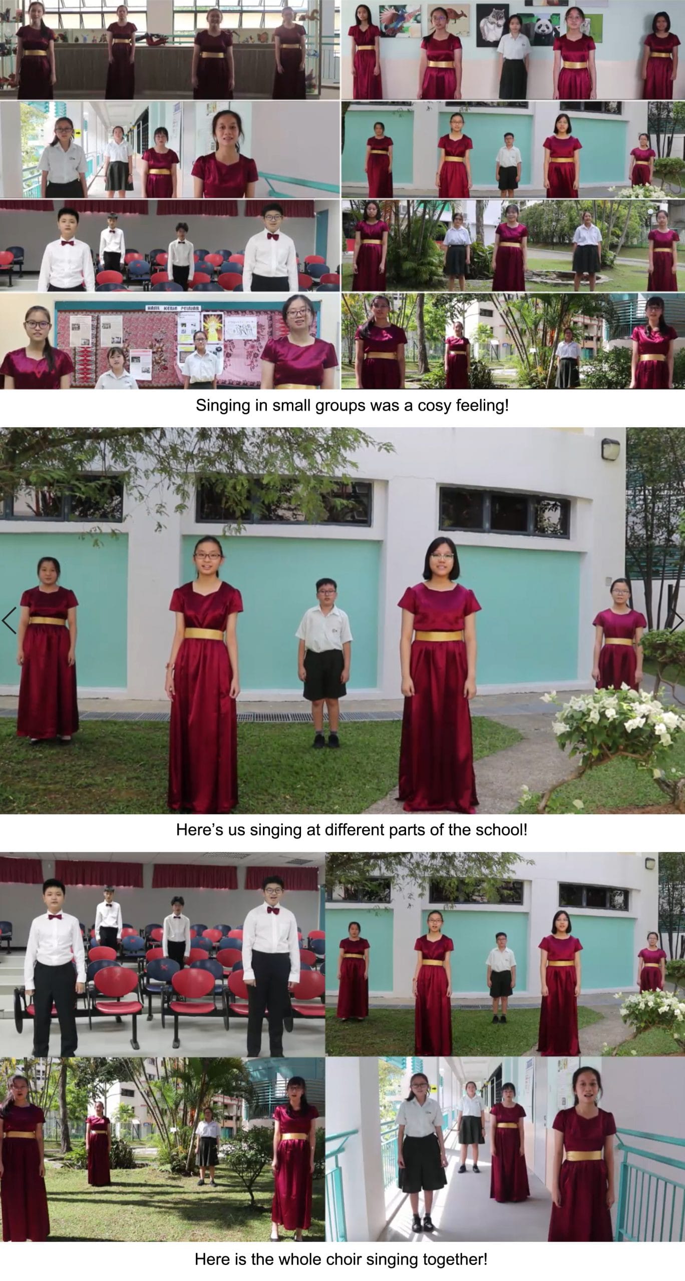 Students in red choir gowns and white shirts singing in small groups at various school locations outdoors and indoors.